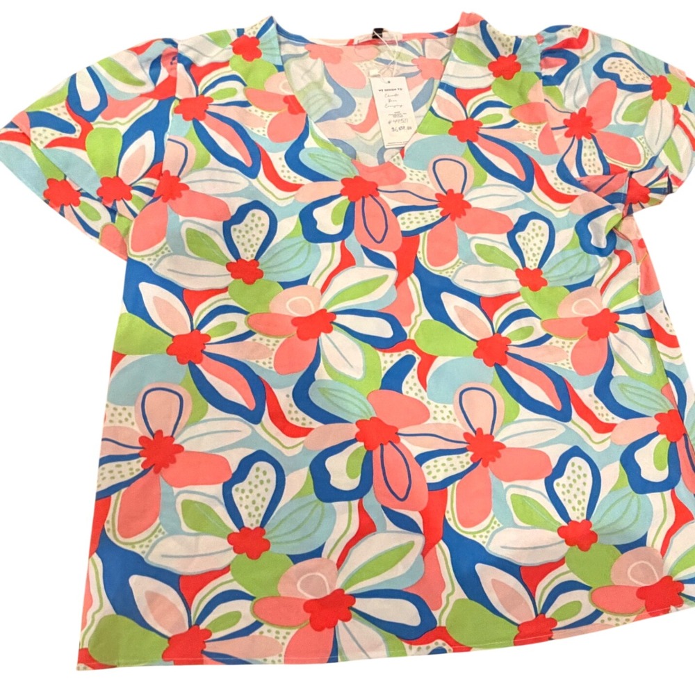 Michelle McDowell Grayson Top Color Me Happy Pink Floral V-Neck Blouse XL NWT